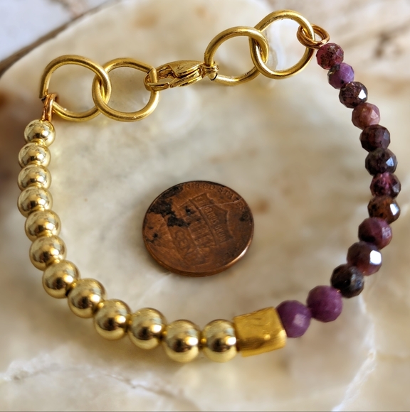 Natural Red & Pink Ruby & Gold Beads In Assymetrical Beaded Bracelet - Picture 6 of 6